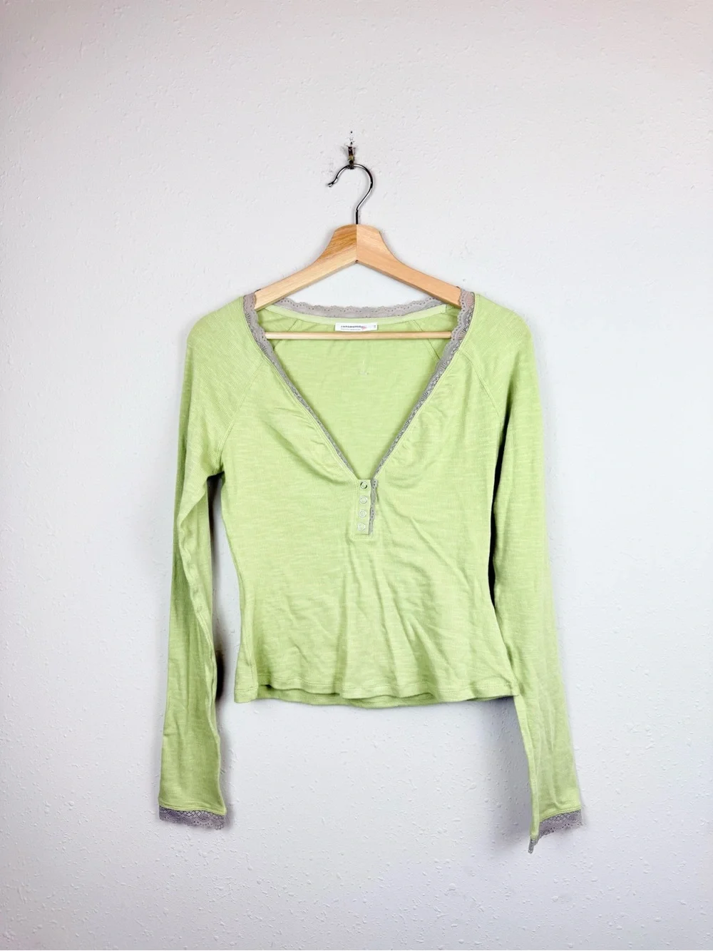 Free People A Little Bit Lace Layering Long Sleeve Green Top Size Large NWT
